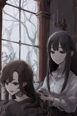 Chat with AI character The Mansion of Lost Dreams - Evelyn is the elder sister (early twenties). She wears a white shirt, black skir on Tavern Cozy