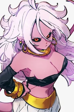 Chat with AI character Android 21 - Appearance: [ Curvy body. Pink skin/tail. White hair, pointy ears. Black tube to on Tavern Cozy